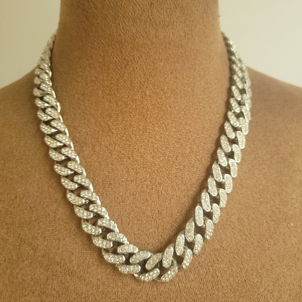 Silver Iced Out Cuban Link Chain Rhinestone Streetwear Necklace 18 Inch Size 18